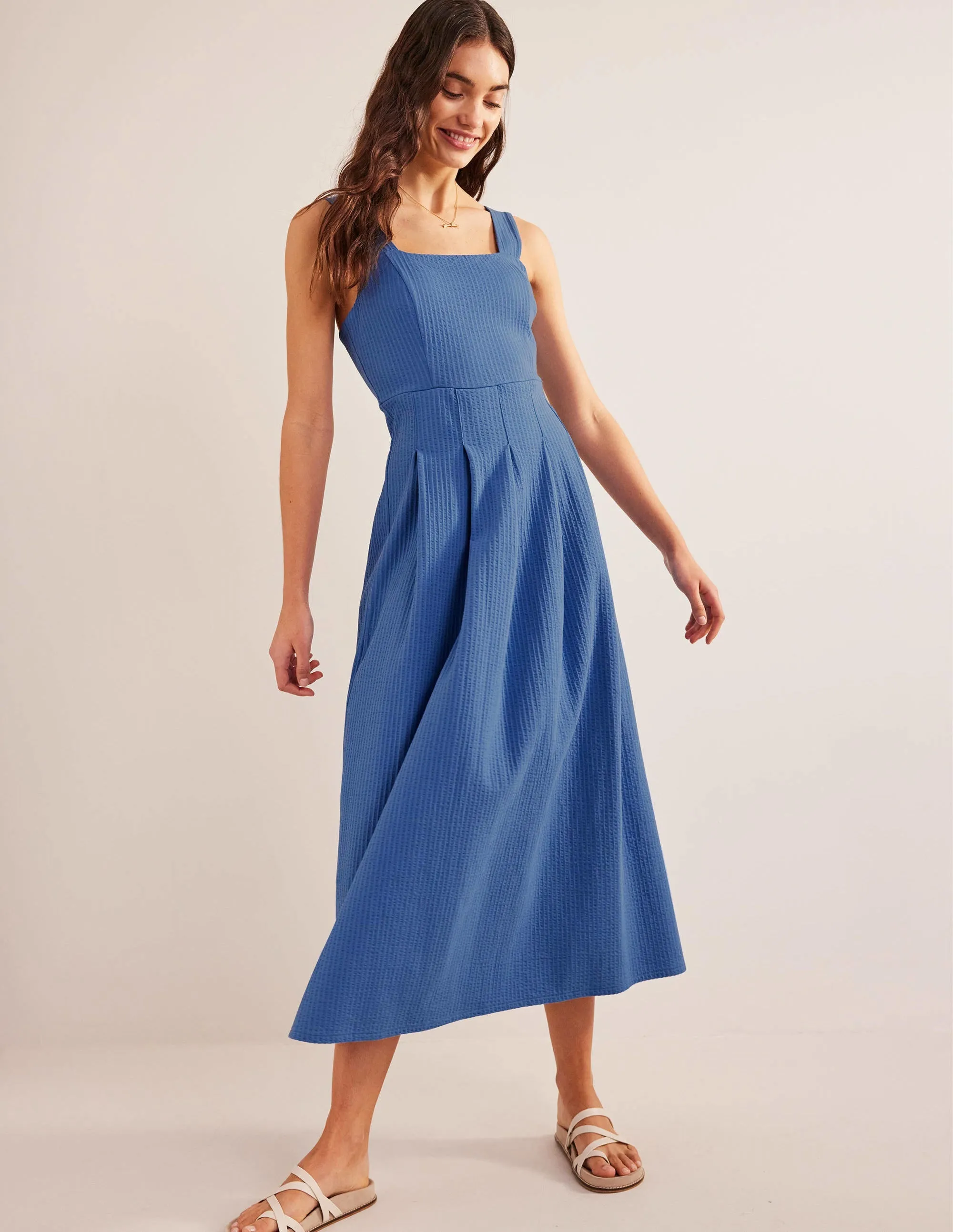 Strappy Seersucker Midi Dress-Porcelain Blue