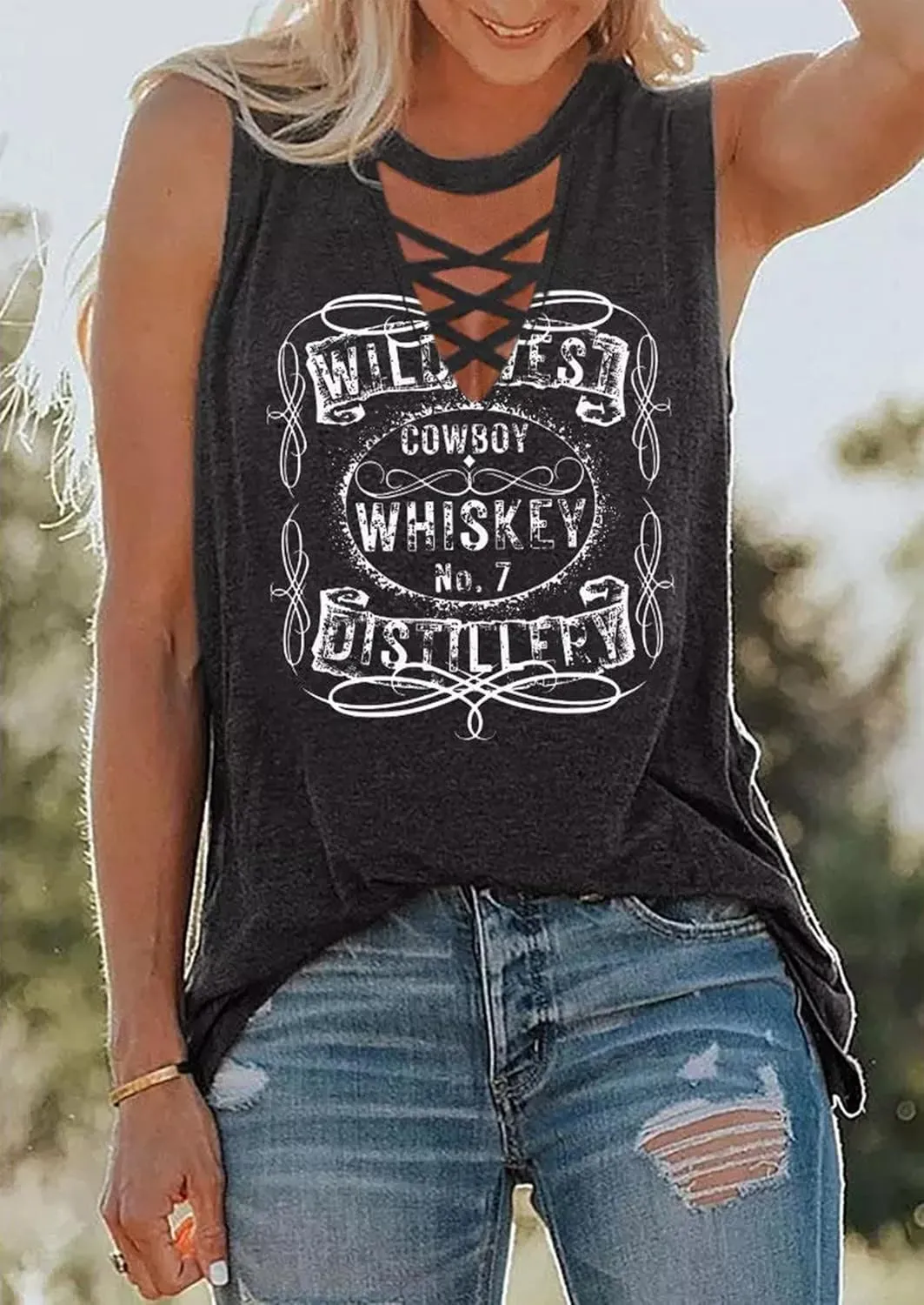 Summer Deep V Neck Tank Tops for Women Western Country Sleeveless Tee Shirts Teen Girls Sexy Casual Concert Tops Outfits