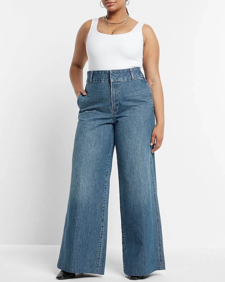 Super High Waisted Medium Wash Baggy Wide Leg Jeans in Medium Wash
