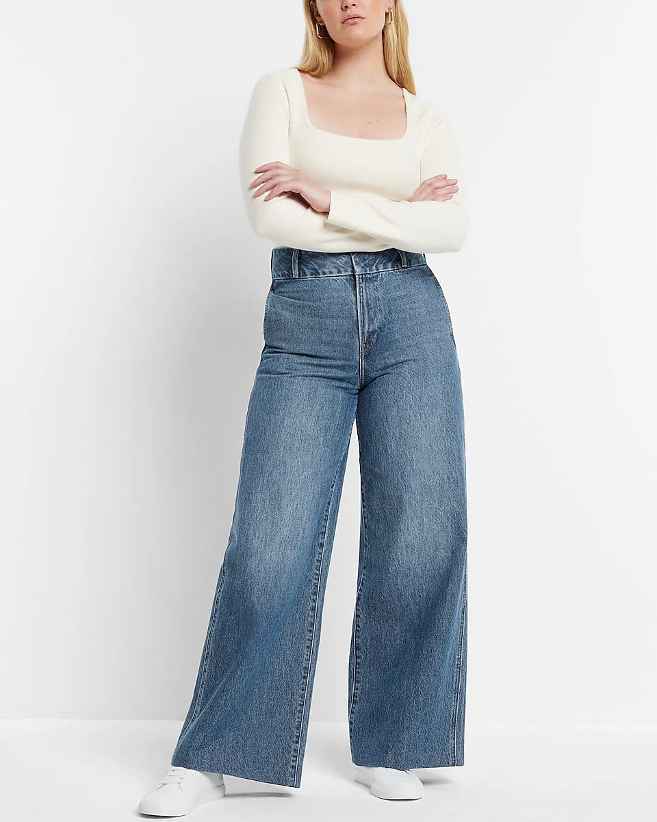 Super High Waisted Medium Wash Baggy Wide Leg Jeans in Medium Wash