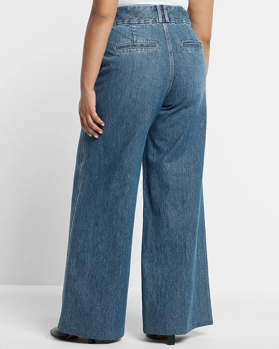 Super High Waisted Medium Wash Baggy Wide Leg Jeans in Medium Wash
