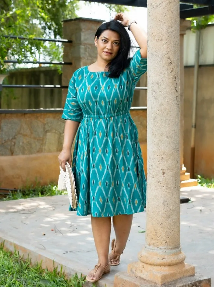 Teal Handwoven Ikat Cotton A Line Dress