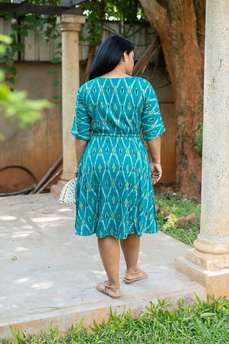 Teal Handwoven Ikat Cotton A Line Dress
