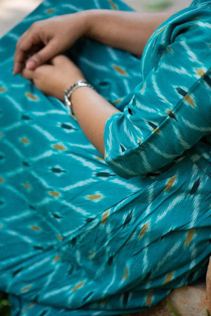 Teal Handwoven Ikat Cotton A Line Dress