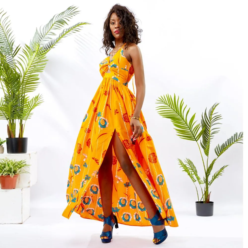 Traditional African Dashiki  Kitenge  Kanga Wax Print Halter Long Summer Dress