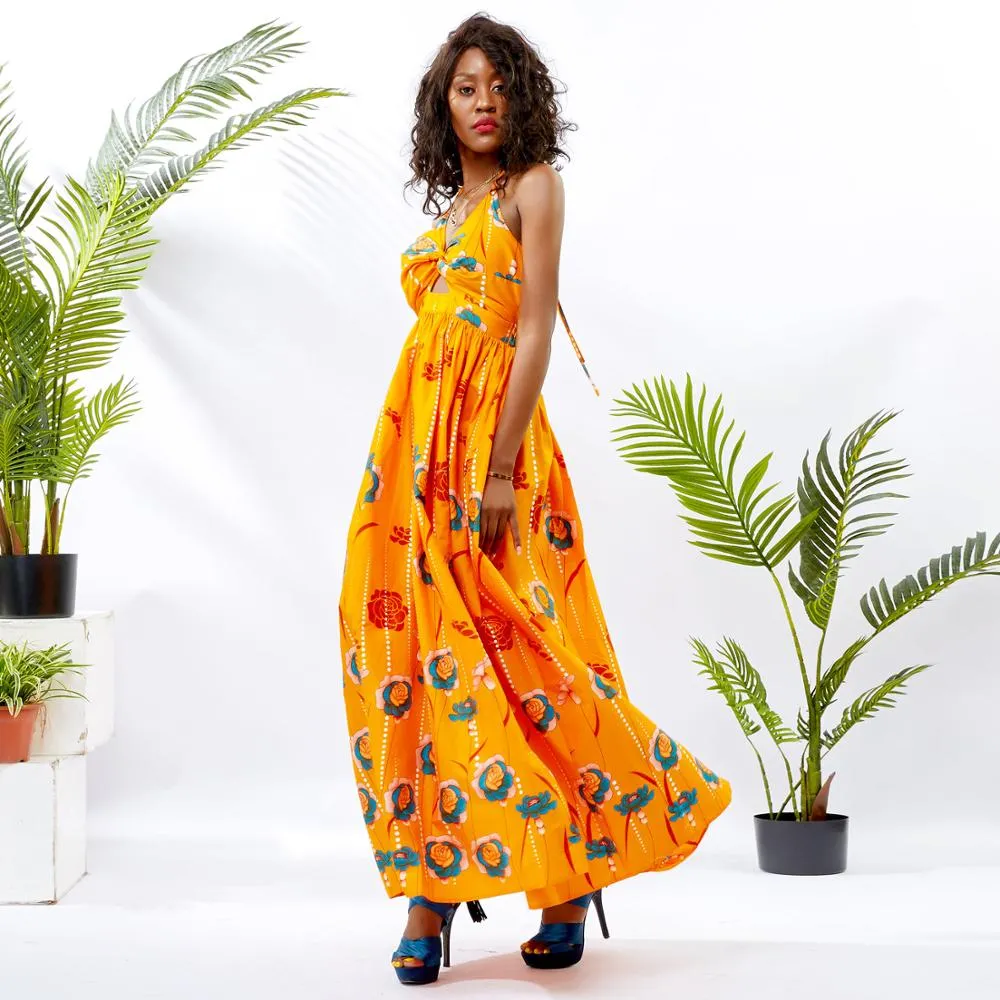 Traditional African Dashiki  Kitenge  Kanga Wax Print Halter Long Summer Dress