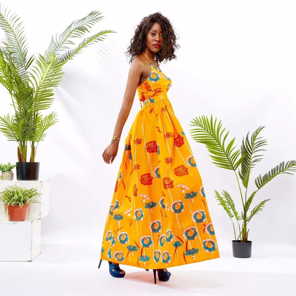 Traditional African Dashiki  Kitenge  Kanga Wax Print Halter Long Summer Dress