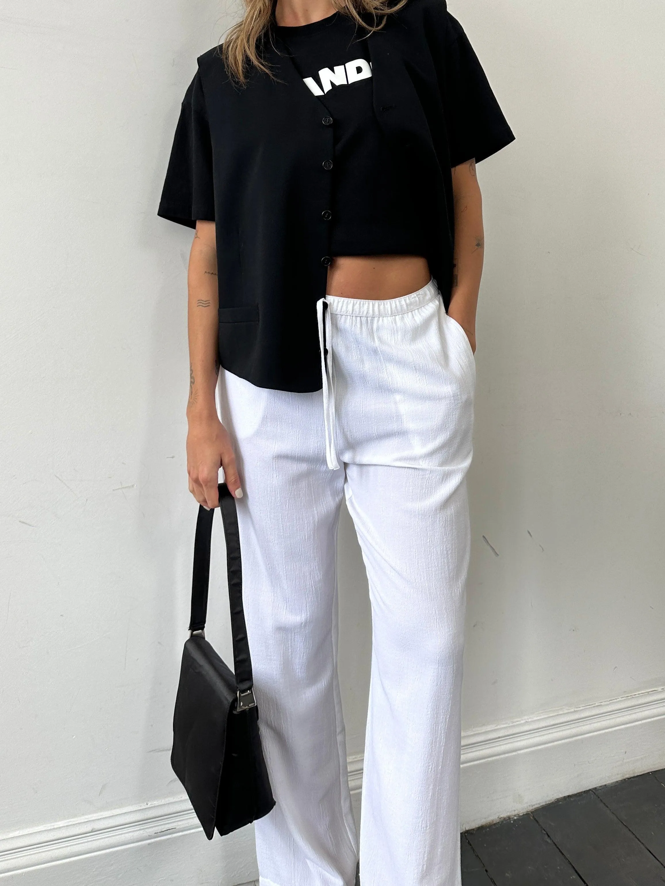 Vintage Wide Leg Pull On Elasticated Crinkle Effect Trousers - W28-32