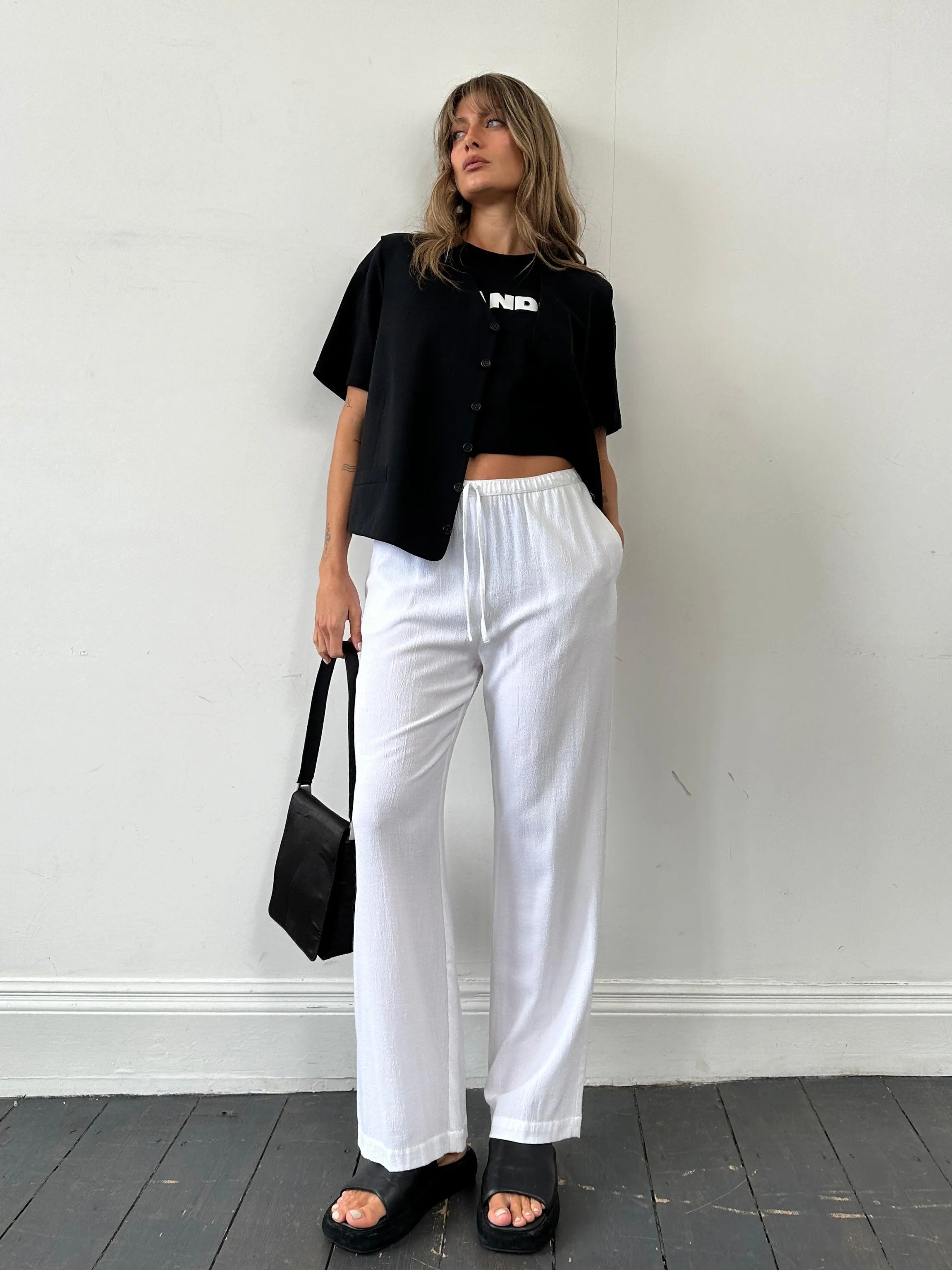 Vintage Wide Leg Pull On Elasticated Crinkle Effect Trousers - W28-32
