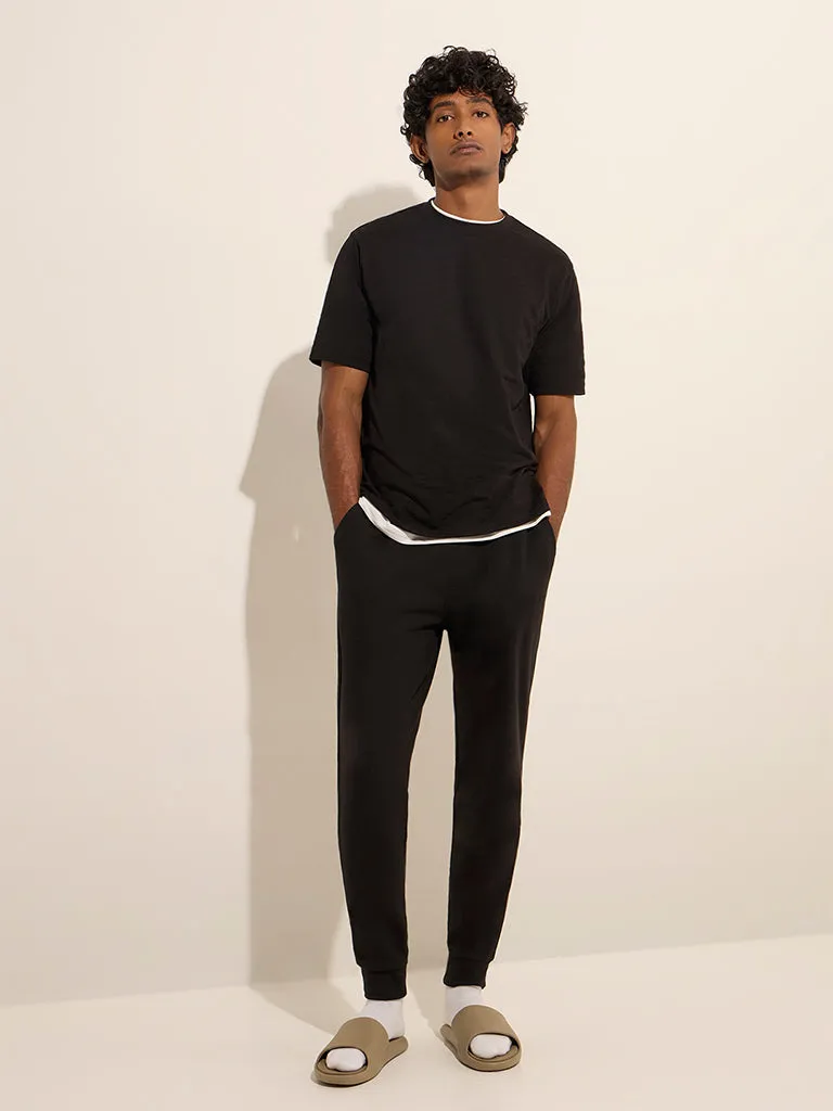 WES Lounge Black Self-Striped Relaxed-Fit Cotton-Blend T-Shirt