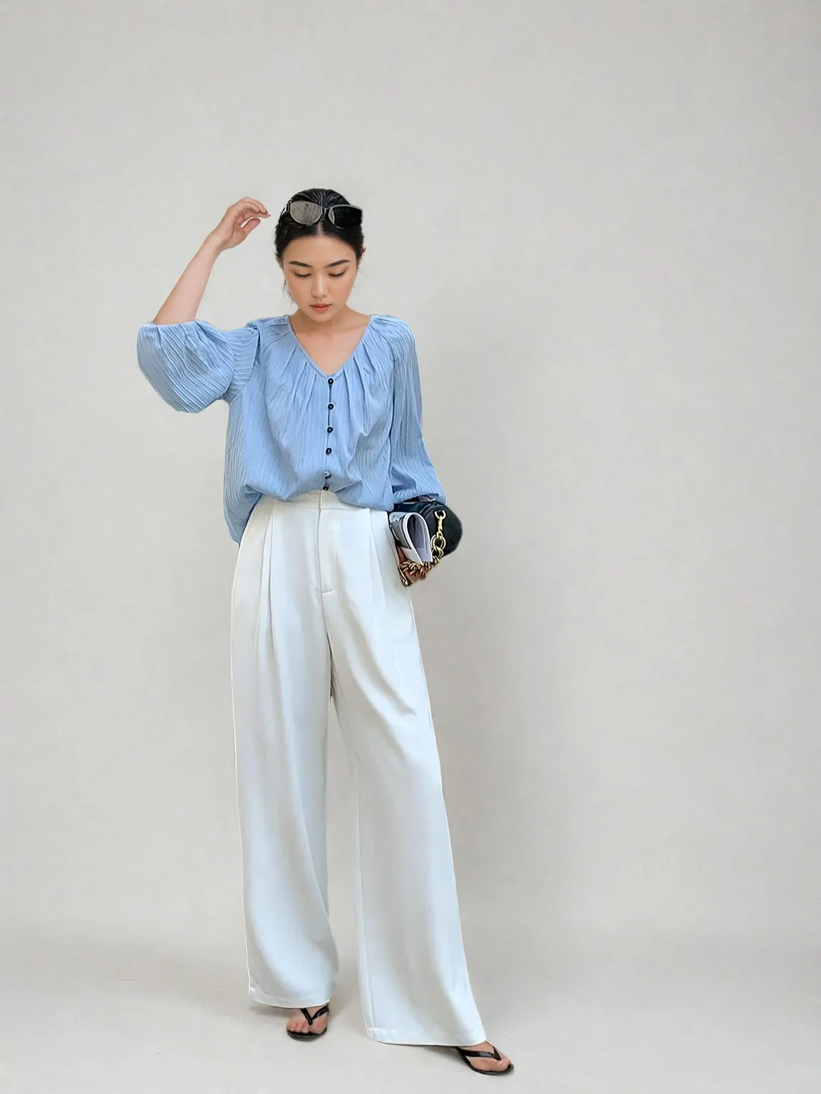 Wide Leg Silver Accent Button Detail Trousers