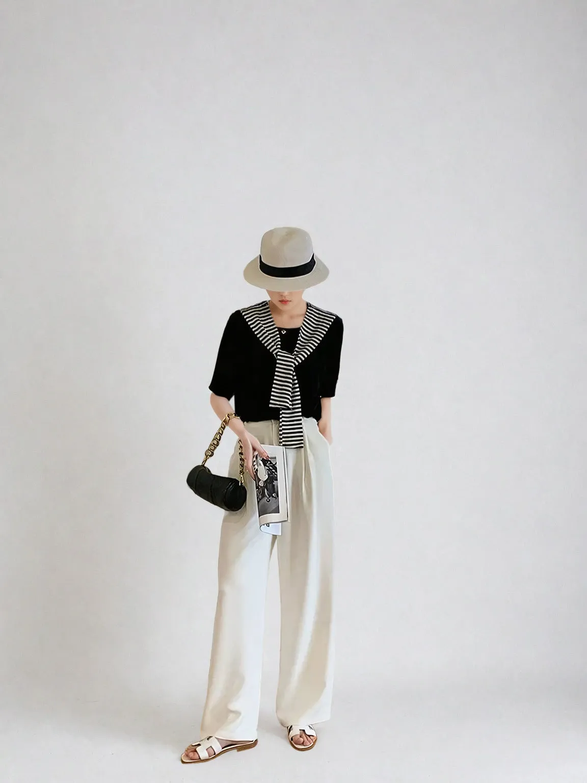Wide Leg Silver Accent Button Detail Trousers