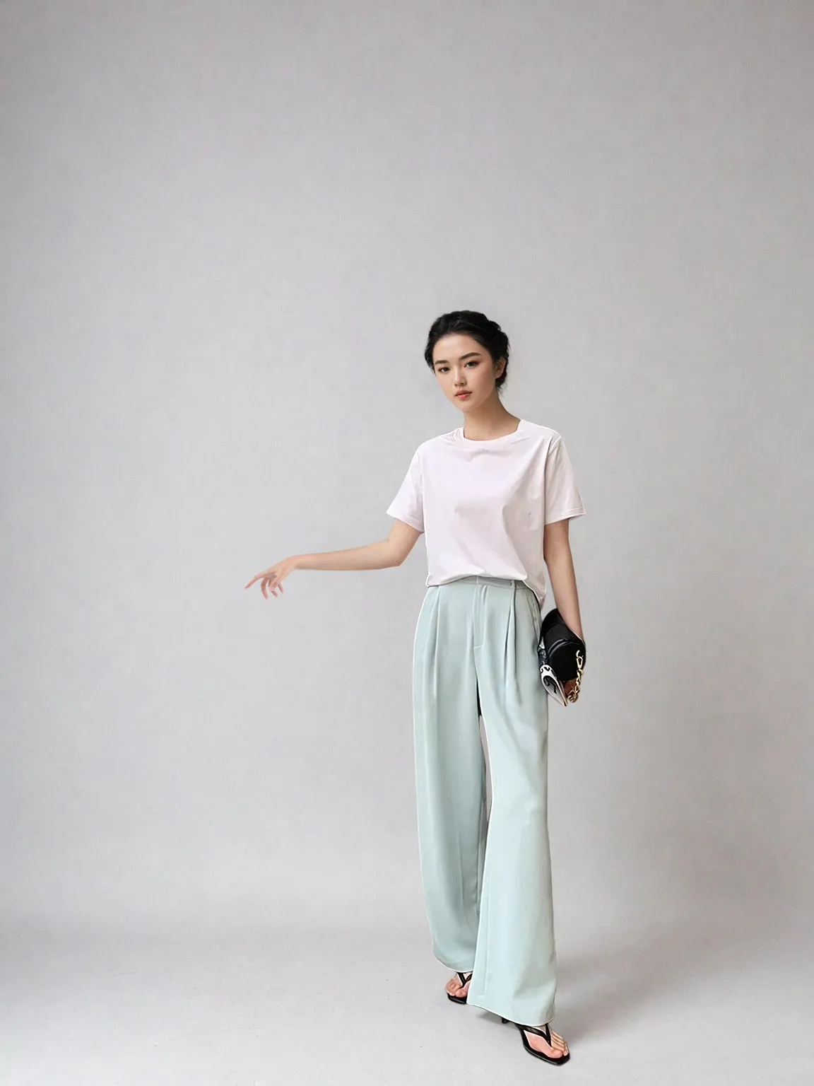 Wide Leg Silver Accent Button Detail Trousers