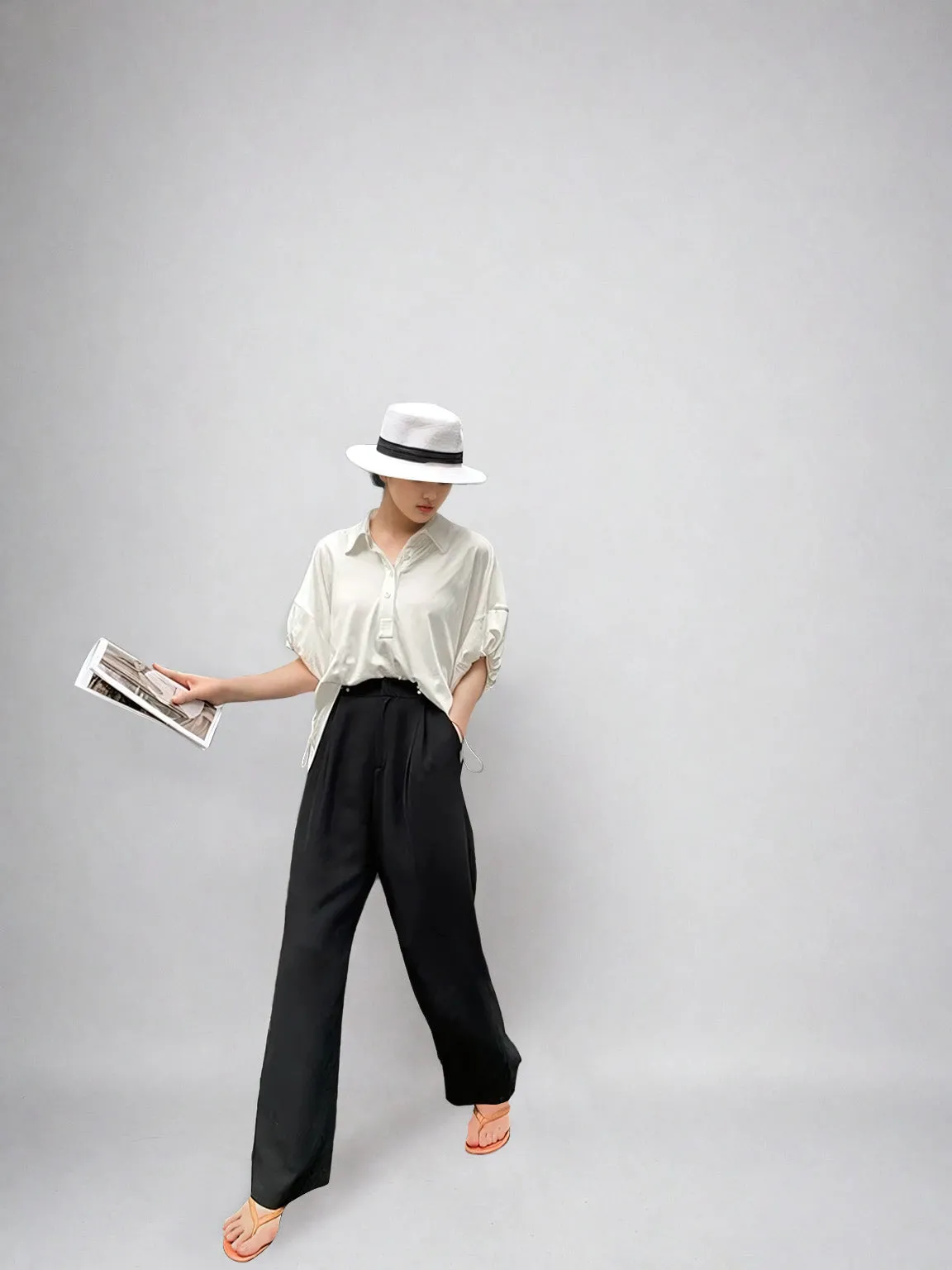 Wide Leg Silver Accent Button Detail Trousers