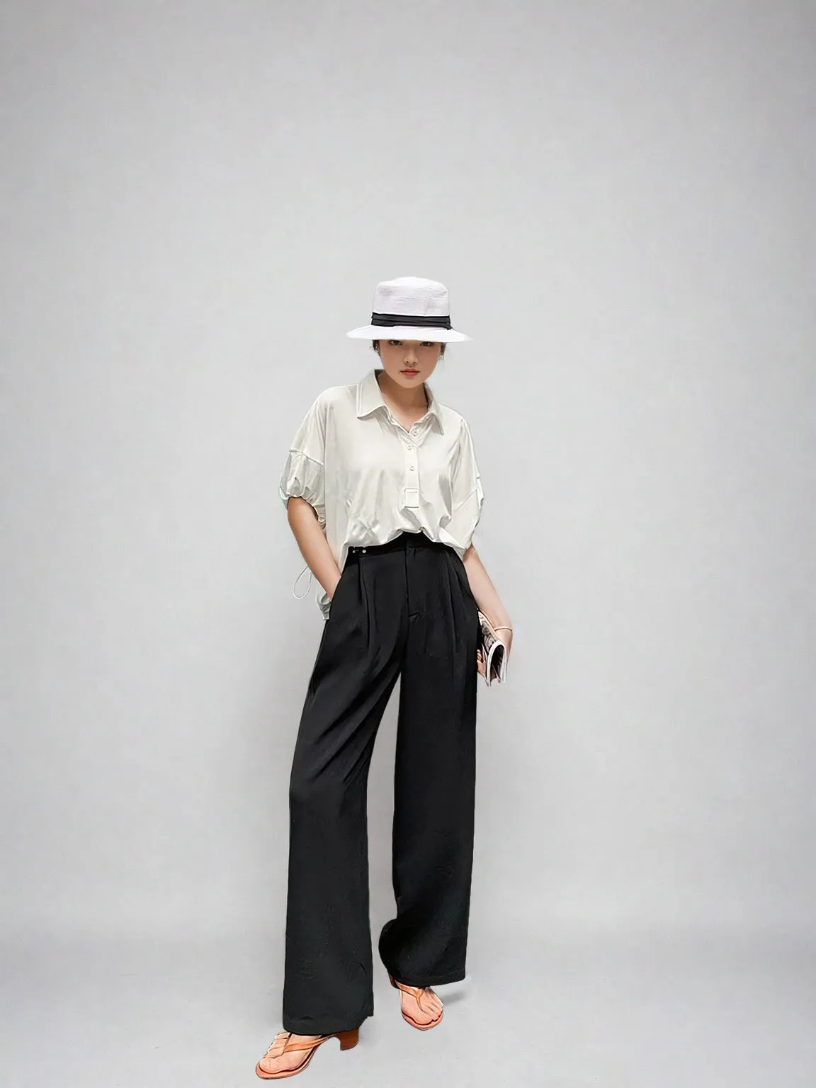 Wide Leg Silver Accent Button Detail Trousers