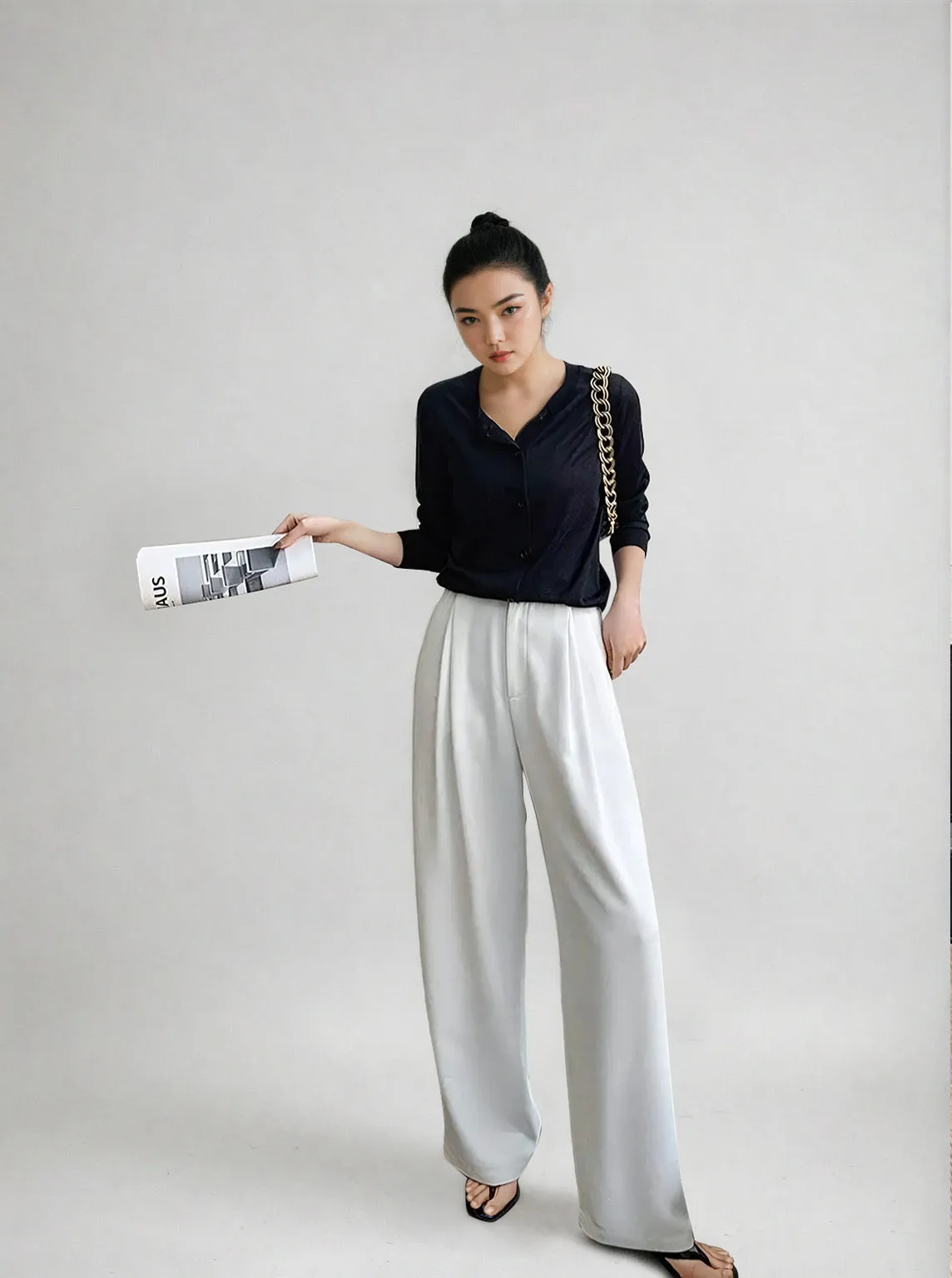 Wide Leg Silver Accent Button Detail Trousers