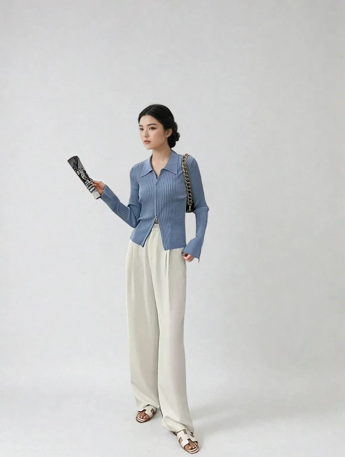 Wide Leg Silver Accent Button Detail Trousers