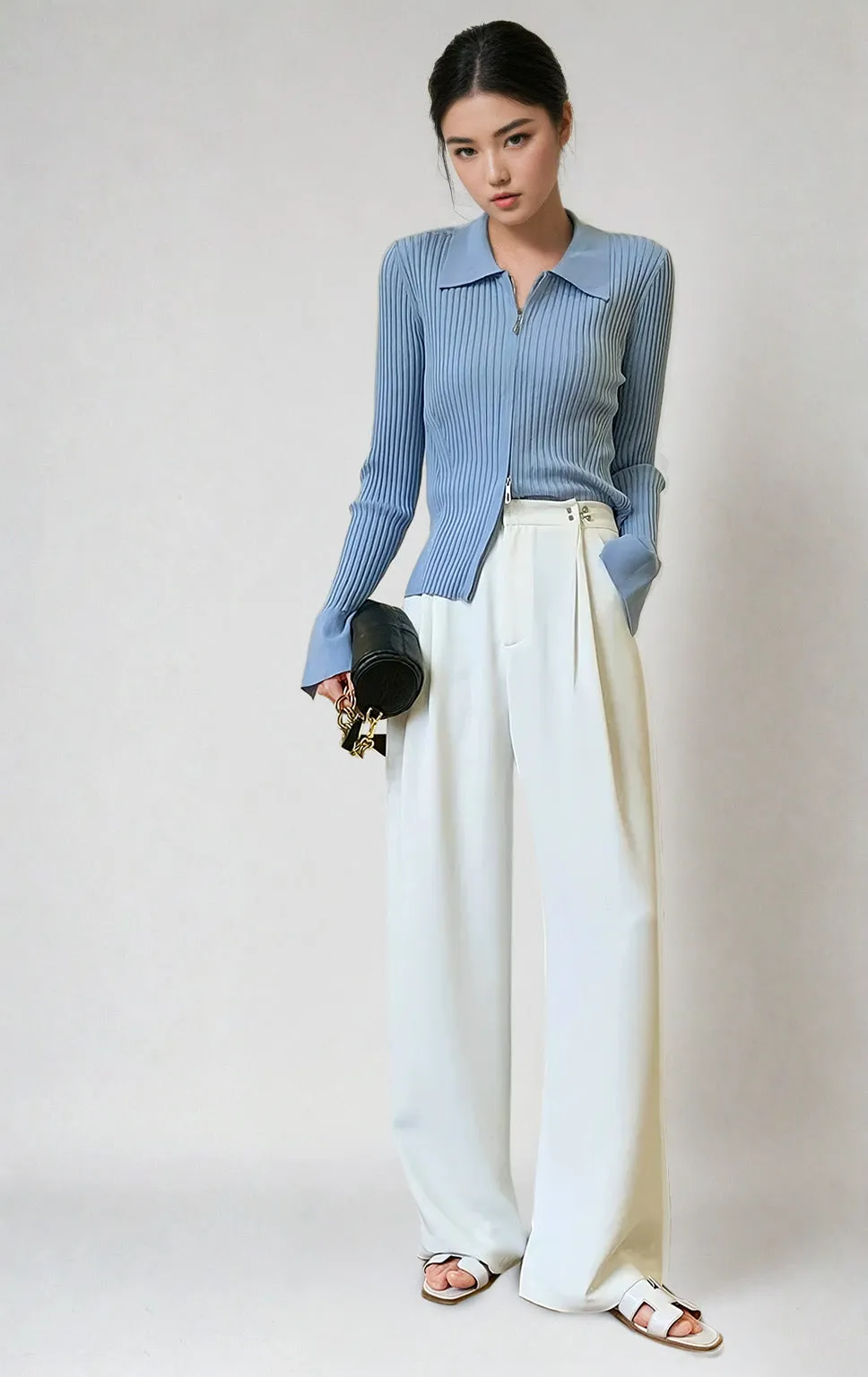 Wide Leg Silver Accent Button Detail Trousers