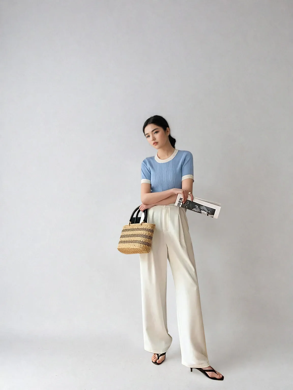 Wide Leg Silver Accent Button Detail Trousers
