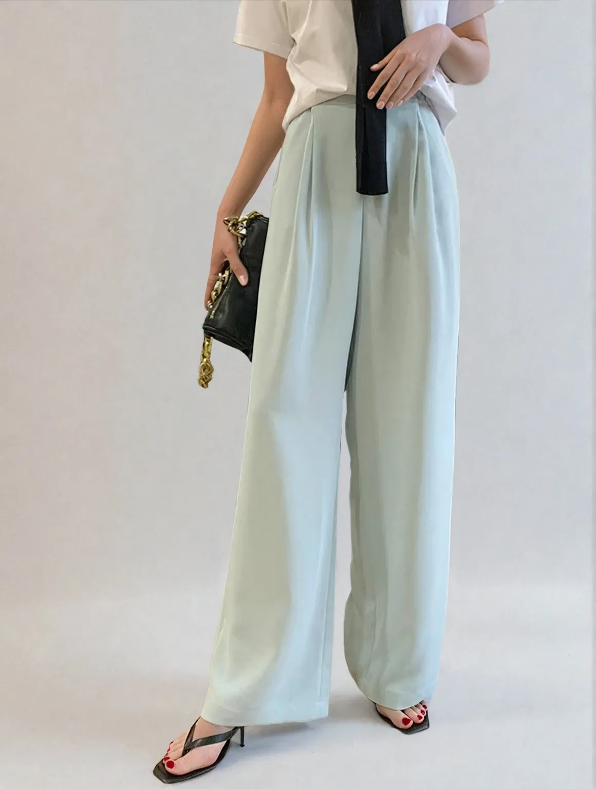 Wide Leg Silver Accent Button Detail Trousers