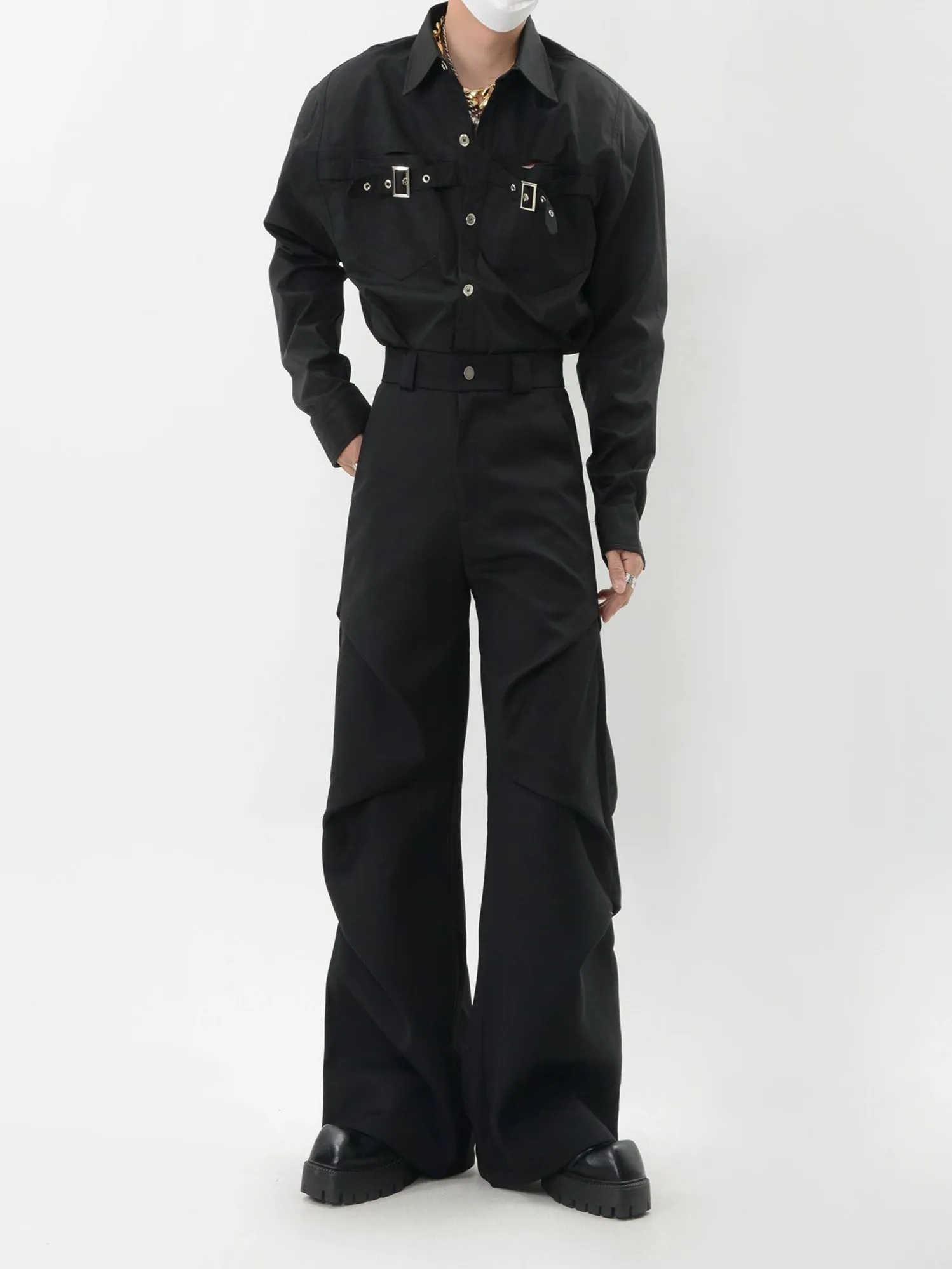 Wide-Leg Zigzag Drape High Waist Trousers