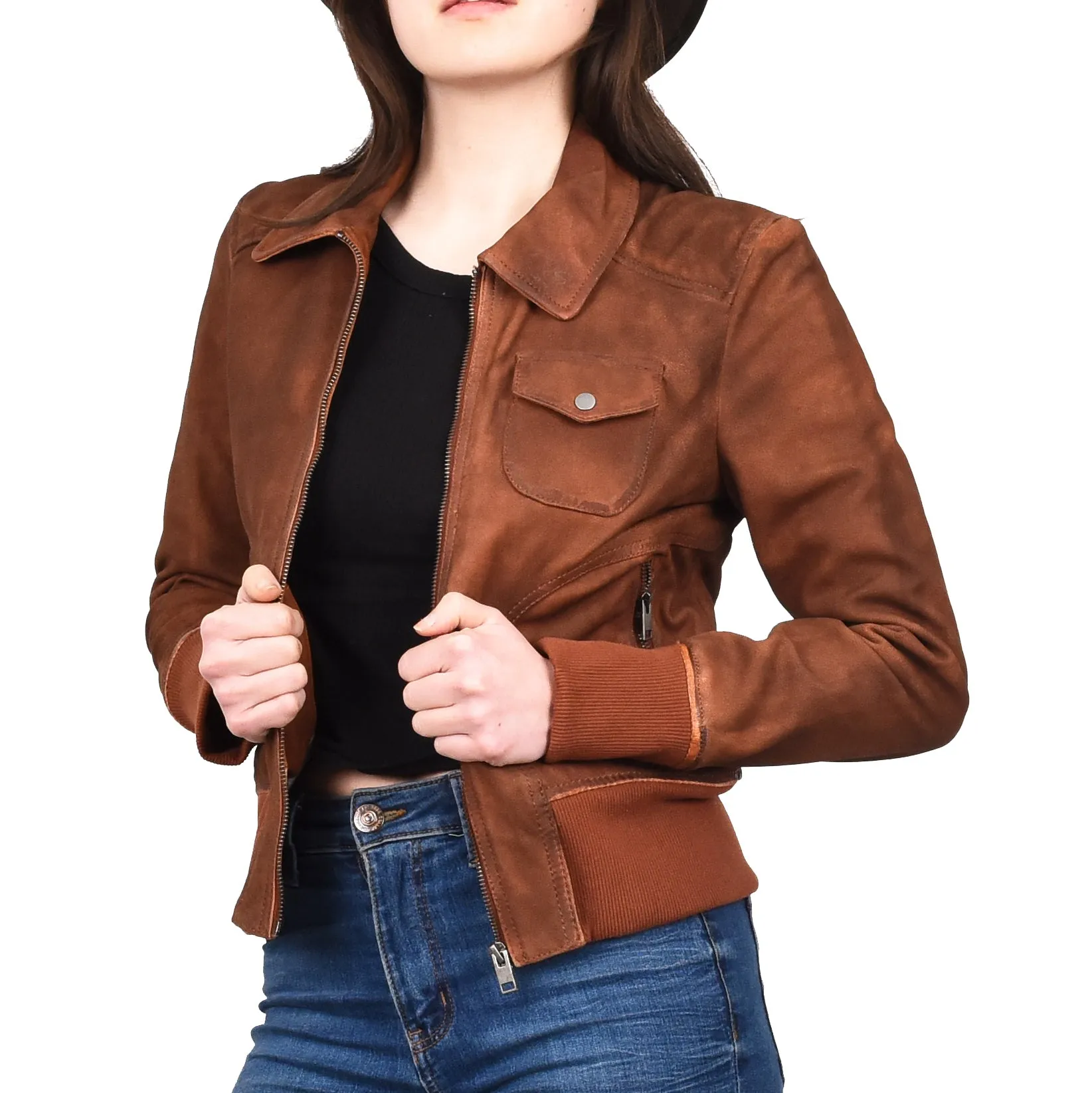 Women's Real Leather Bomber Jacket Slim Fit MA-1 Varsity Chloe Tan