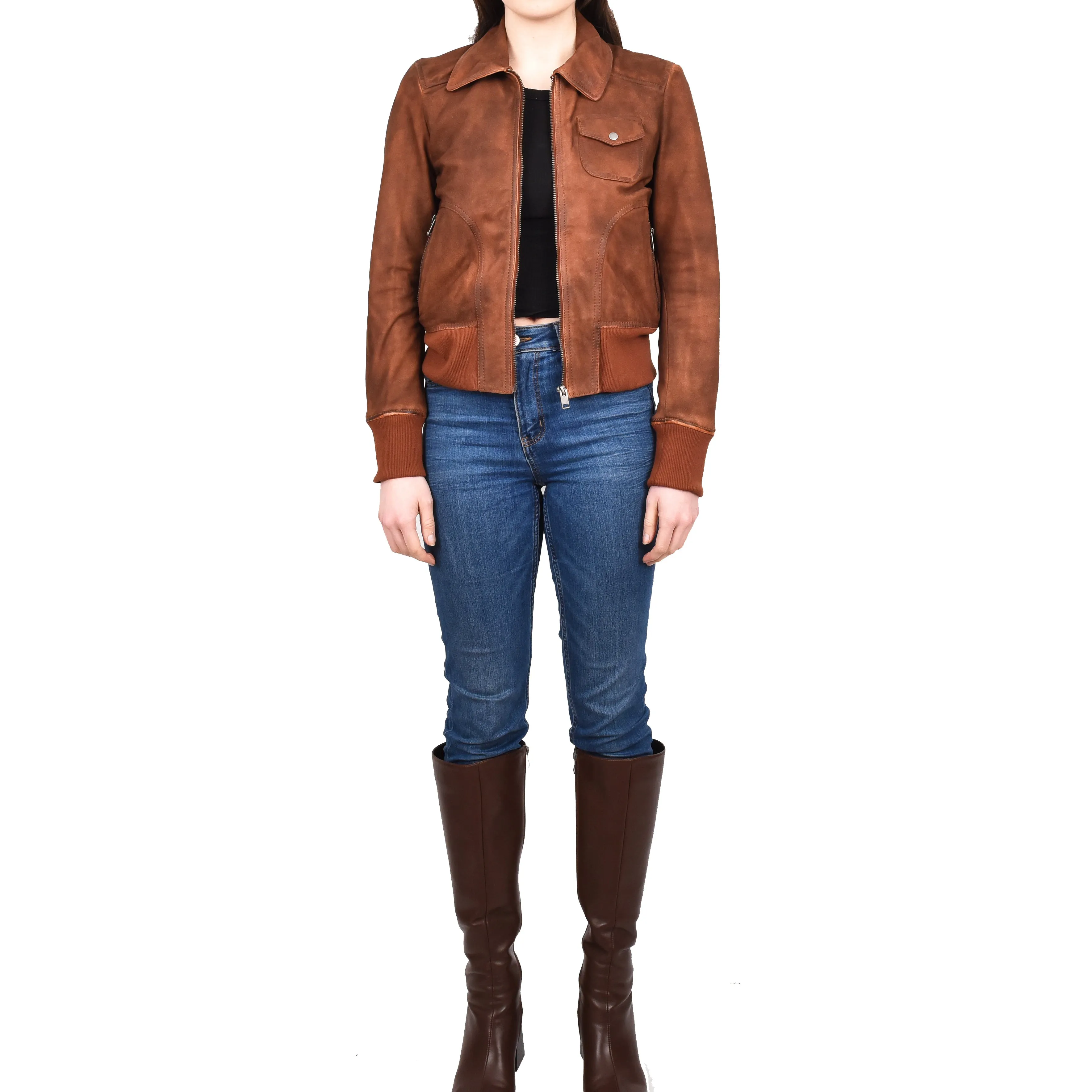 Women's Real Leather Bomber Jacket Slim Fit MA-1 Varsity Chloe Tan