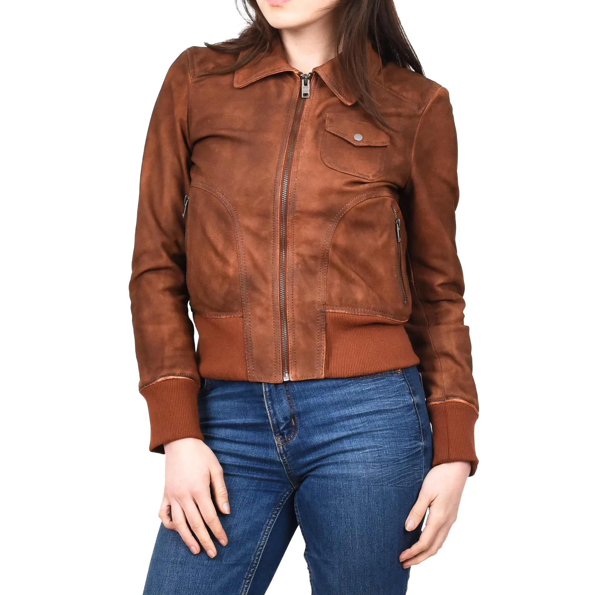 Women's Real Leather Bomber Jacket Slim Fit MA-1 Varsity Chloe Tan