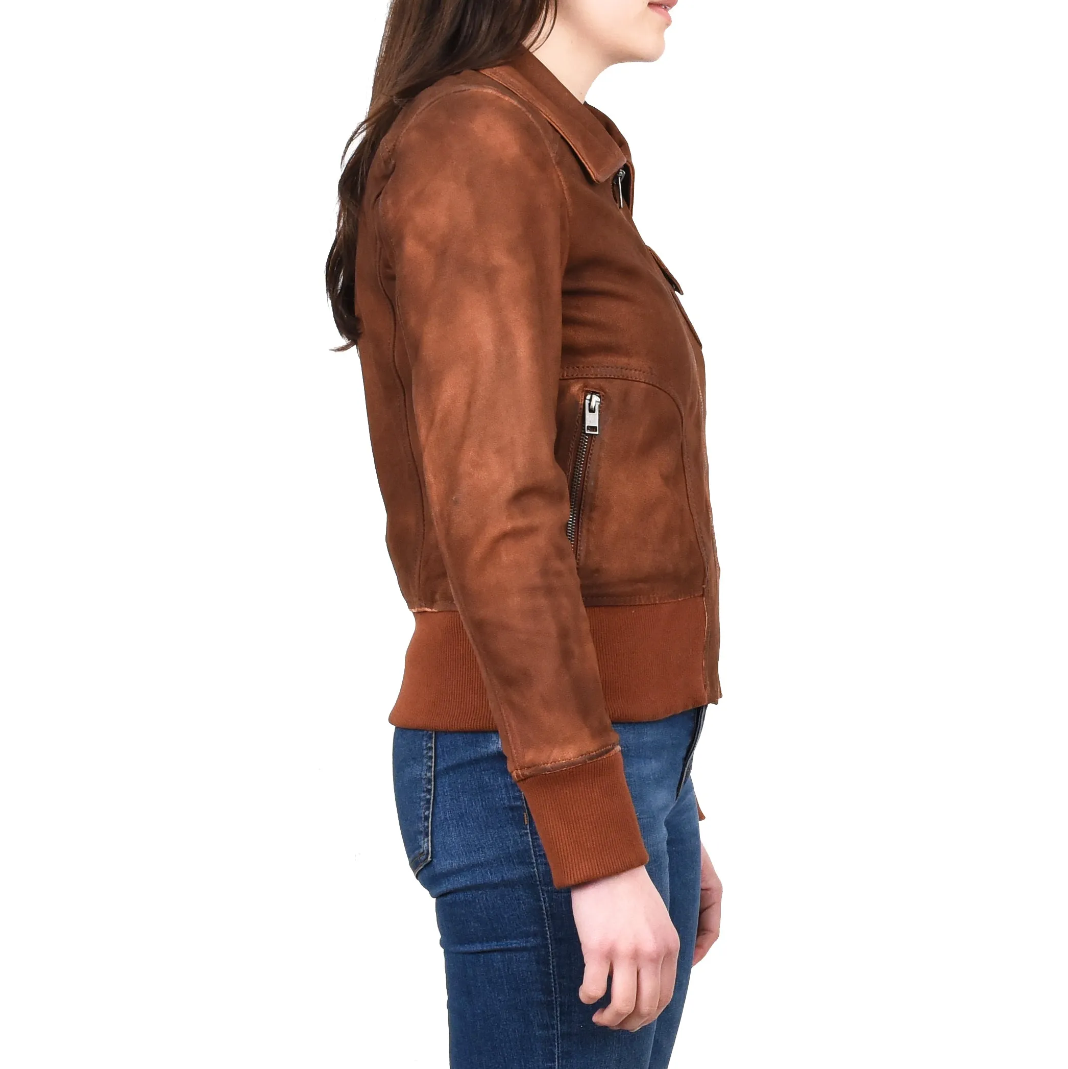 Women's Real Leather Bomber Jacket Slim Fit MA-1 Varsity Chloe Tan