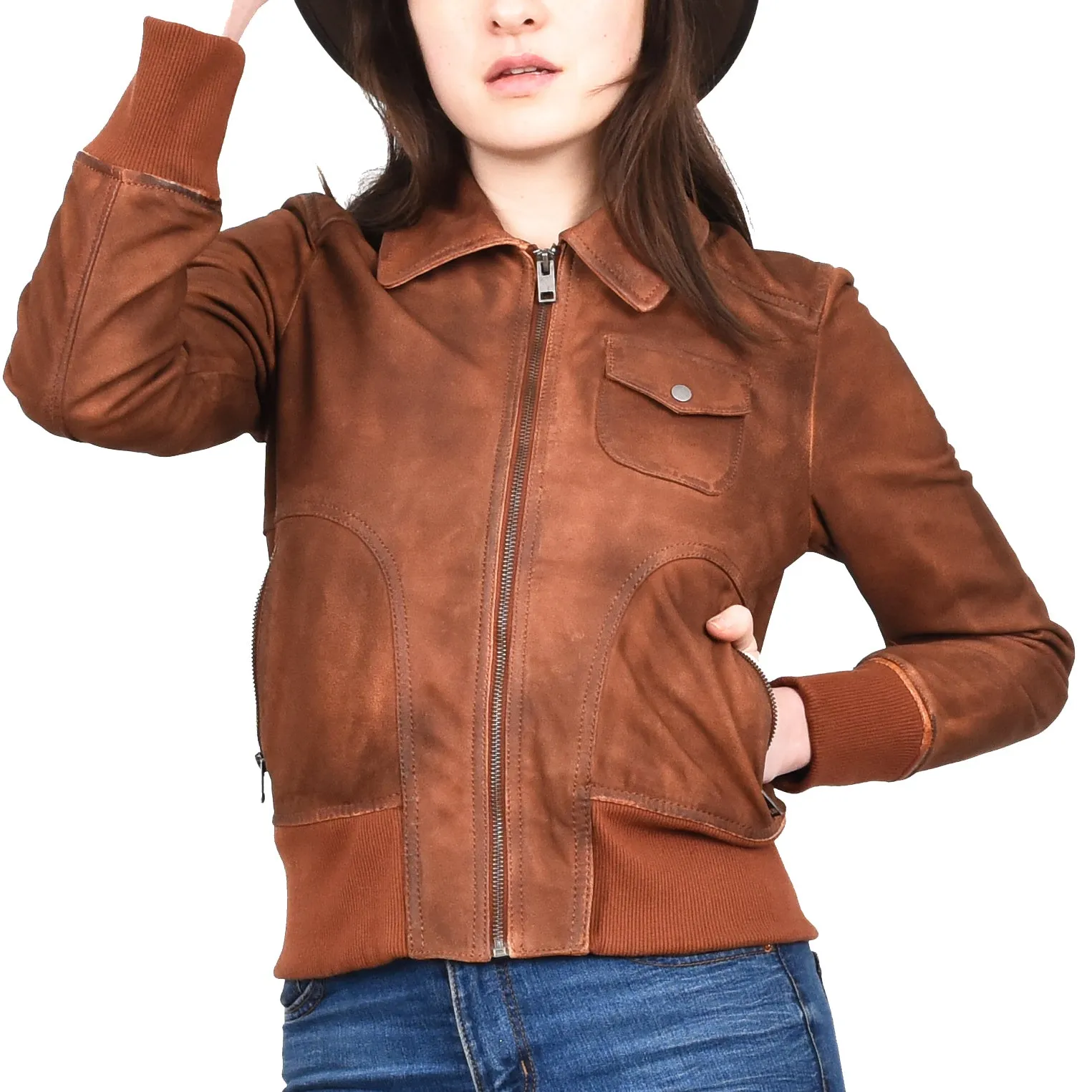Women's Real Leather Bomber Jacket Slim Fit MA-1 Varsity Chloe Tan