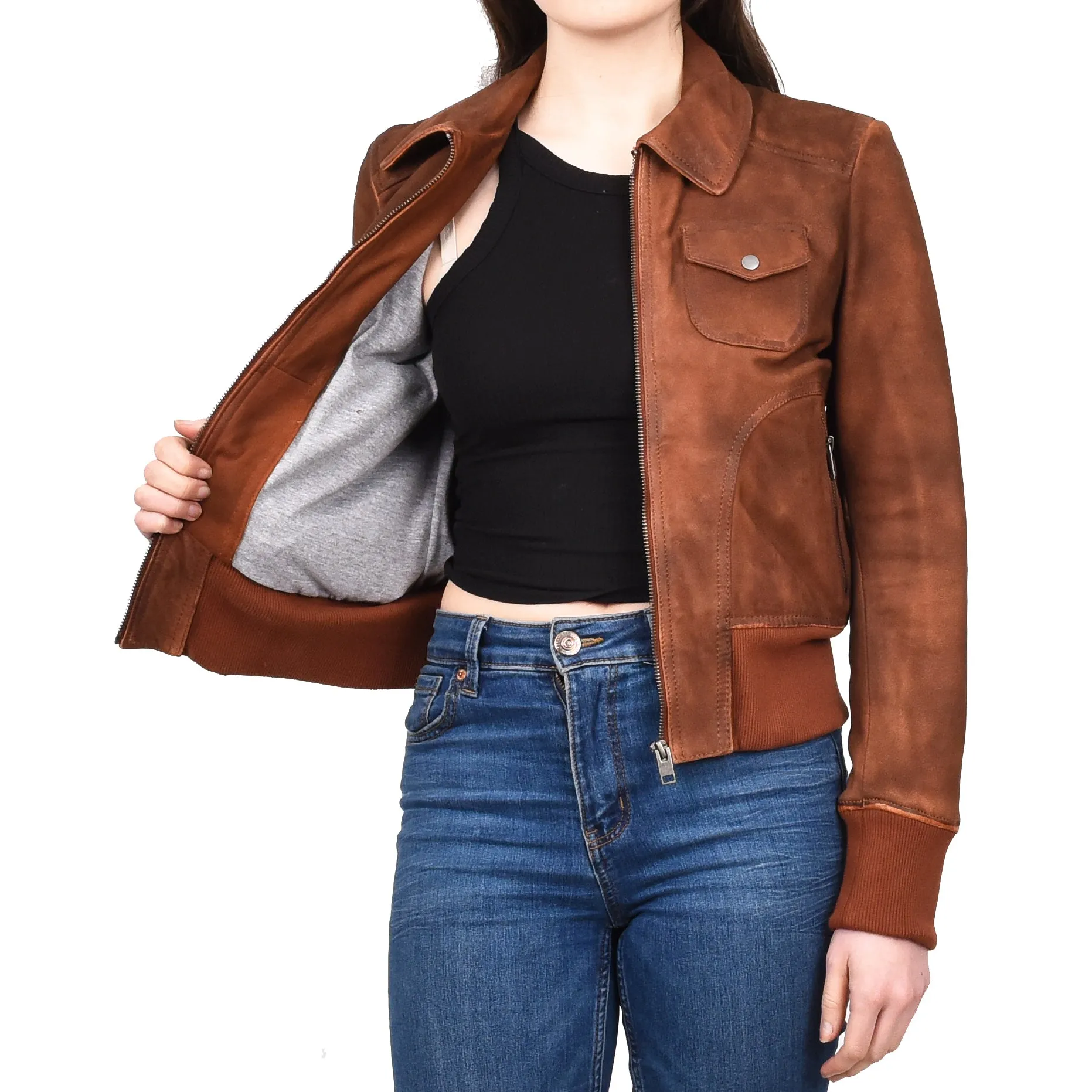 Women's Real Leather Bomber Jacket Slim Fit MA-1 Varsity Chloe Tan